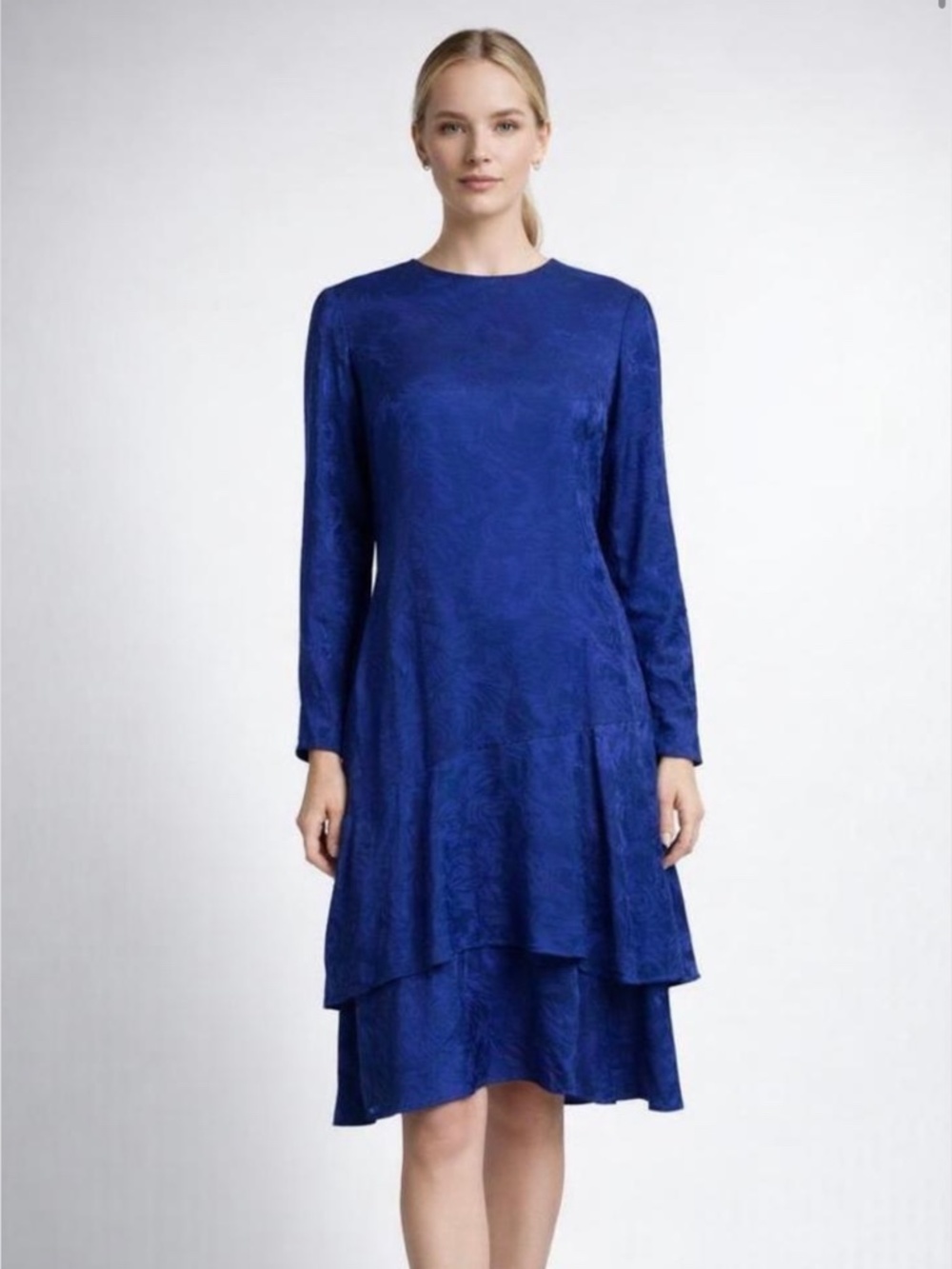 Vintage 80s Royal Blue Long Sleeve 100% Silk Jacquard Dress Ruffle Hemline Sz 8